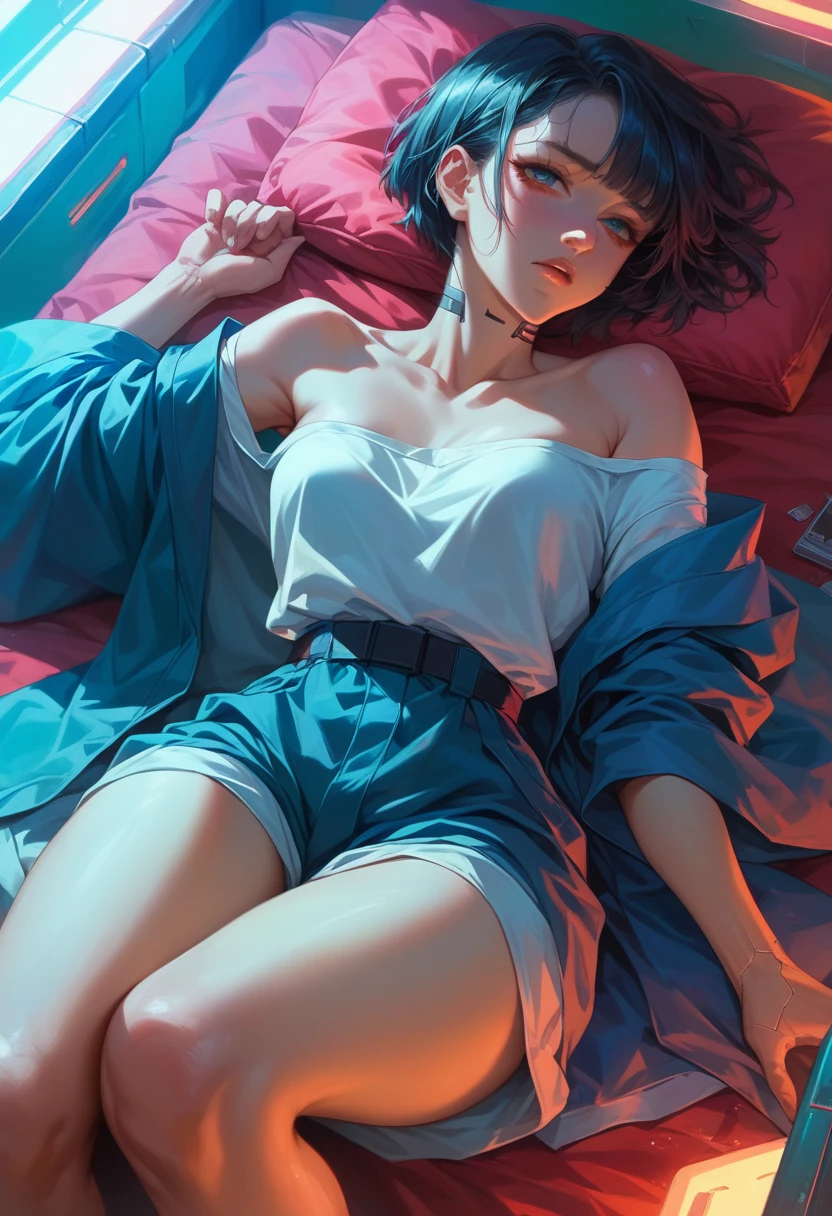 Digital Cyberpunk Art、A Japanese woman with short black hair wearing an off-the-shoulder cyberpunk robe sits in seiza in the main hall、nepal、On the back is written Namu Amida Butsu in neon