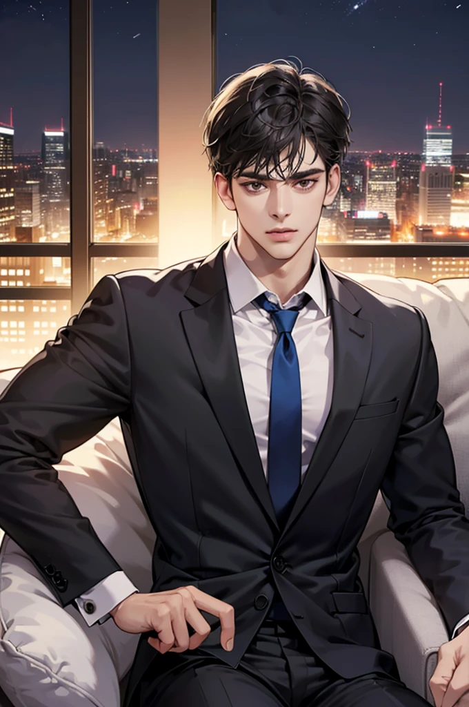 (absurdres, highres, ultra detailed, realistic, ), 1 male, solo, , mature, tall muscular guy, ,（sitting on a sofa,cross-legged）, broad shoulders, handsome, very short hair, black hair, brown eyes, angular jaw, thick neck, thick eyebrows, night, dark, the night view of the city background, formal suit, necktie, upper body