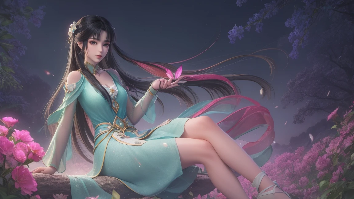 1girl, girl with long black hair, smiling, cheerful, girl is sitting among a wide expanse of flowers, surrounded by beautiful flowers, Calm and peaceful atmosphere, night, moonlight , Beautiful glowing butterflies surround the girl lighting up the darkness of the night, magic,Romantic, the night breeze blows the Sepoi Sepoi girl's hair,