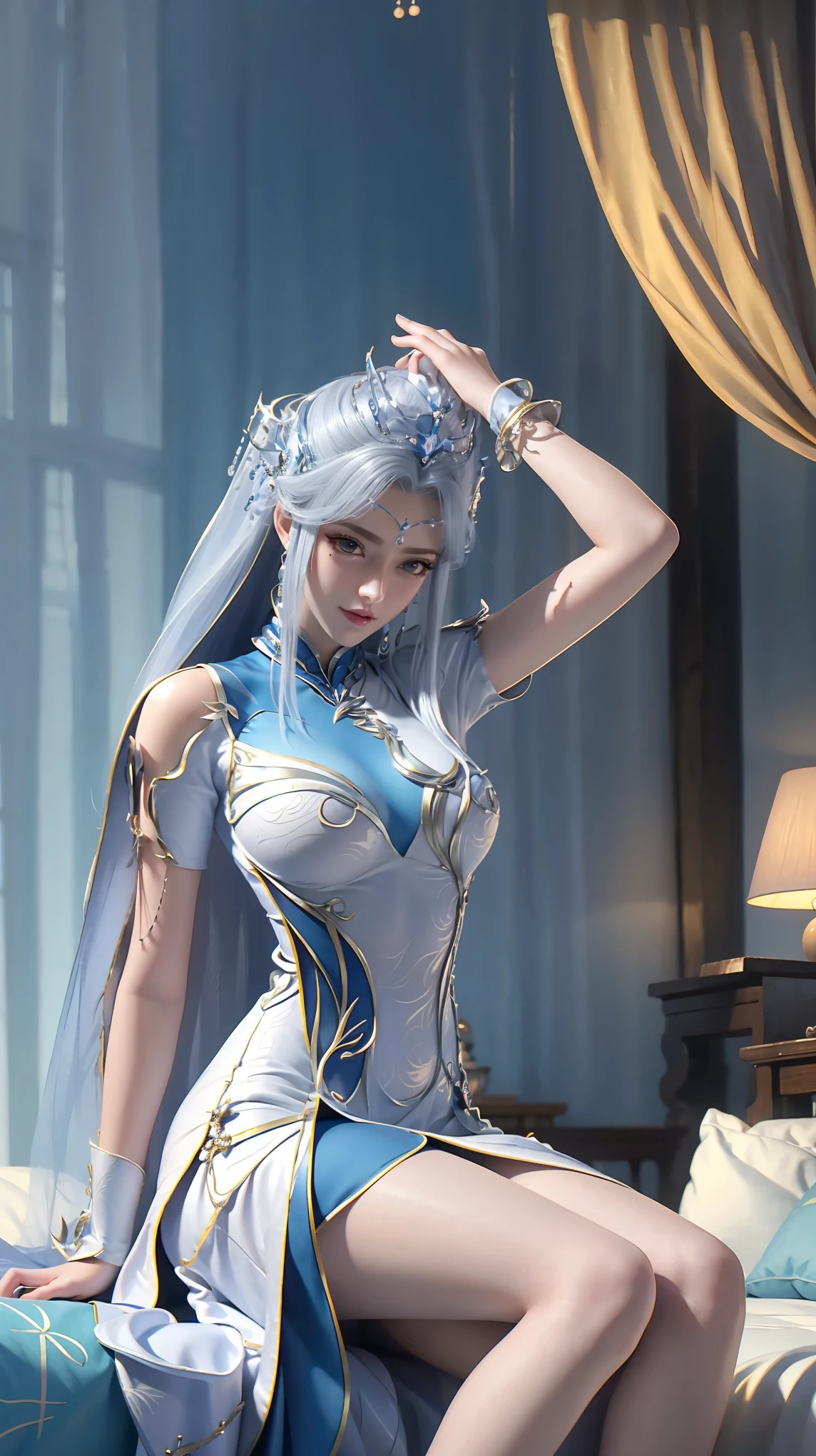 (((1 girl)),Ray tracing,[Detailed background (bedroom)),((Slim Girl))) Starry sky background,((((Girls wear dresses, With transparent stockings), Show off your exquisite figure and graceful curves, correct limbs, Sitting on the bed,Put your hands behind your head, Put your hands behind your head