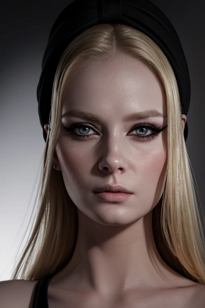 a blonde woman with a black turban , poses for a picture,,pale,eyeliner,portrait,no-makeup , makeup ,pale woman painting, eyeliner wonderful highly detailed masterpiece, beautiful light deep focus, elegant, digital painting, smooth, dramatic lighting, ultra realistic, 8k, art ,black background, portrait, blur, simple background