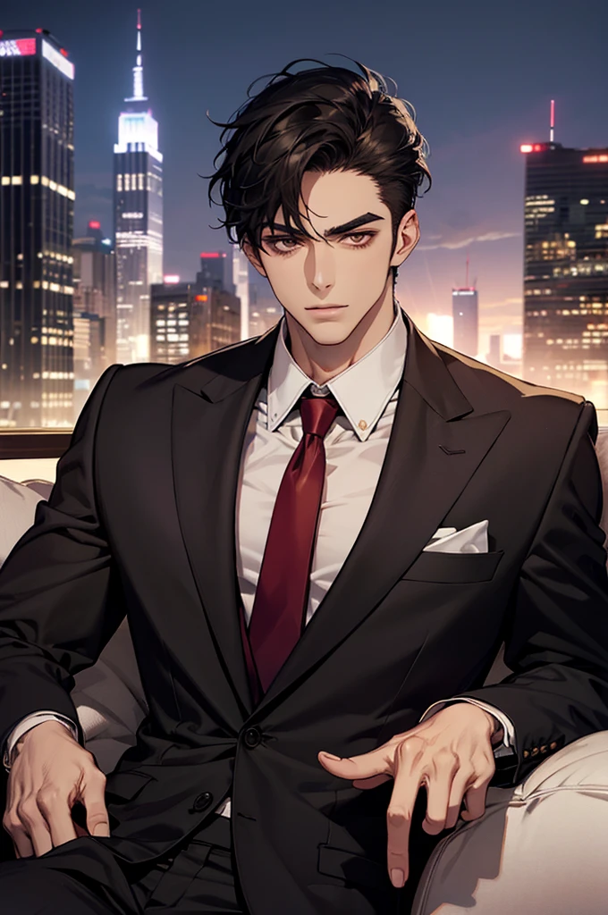 (absurdres, highres, ultra detailed, realistic, ), 1 male, solo, adult, mature, tall muscular guy, ,（sitting on a sofa,cross-legged）, broad shoulders, handsome, very short hair, black hair, brown eyes, angular jaw, thick neck, thick eyebrows, night, dark, the night view of the city background, formal suit, necktie, upper body