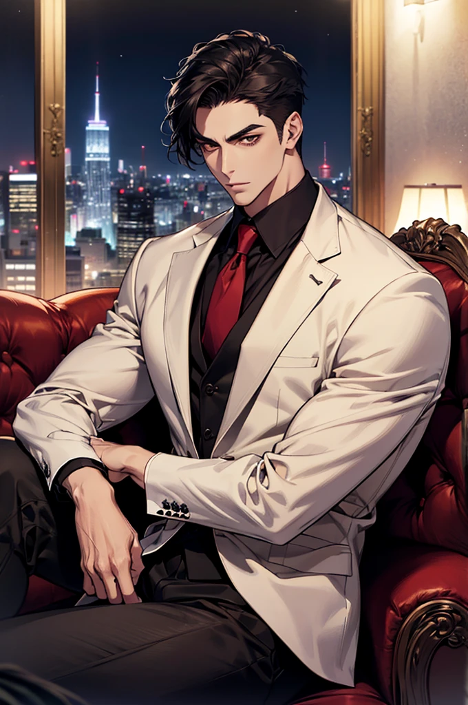 (absurdres, highres, ultra detailed, realistic, ), 1 male, solo, adult, mature, tall muscular guy, ,（sitting on a sofa,cross-legged）, broad shoulders, handsome, very short hair, black hair, brown eyes, angular jaw, thick neck, thick eyebrows, night, dark, the night view of the city background, formal suit, necktie, upper body