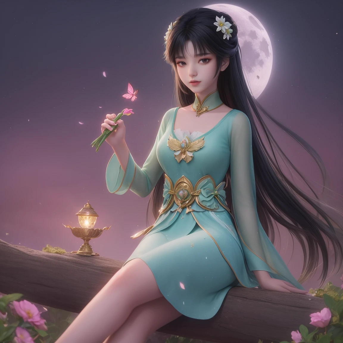 One girl, Girl with long black hair, smile, Hilarious, The girl is sitting in a large flower field, surrounded by beautiful flowers, Calm and peaceful atmosphere, night, moonlight , Beautiful glowing butterflies surround the girl lighting up the darkness of the night, magic,romantic, the night breeze blows the Sepoi Sepoi girl's hair,