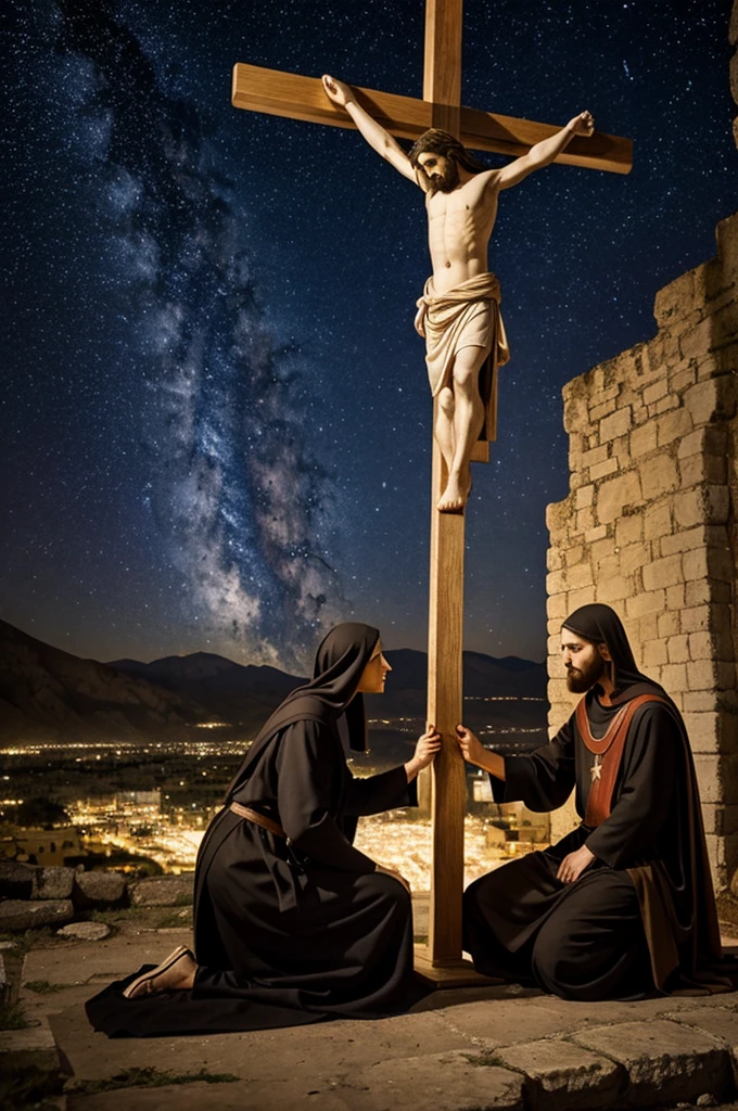 (((naked girl))), (((crucifixion pose,nailed to cross))), (full body shot:2), dynamic angle, ((huge breasts)), natural lighting, ultra sharp focus, pubic hair,(((1girl))), glaring