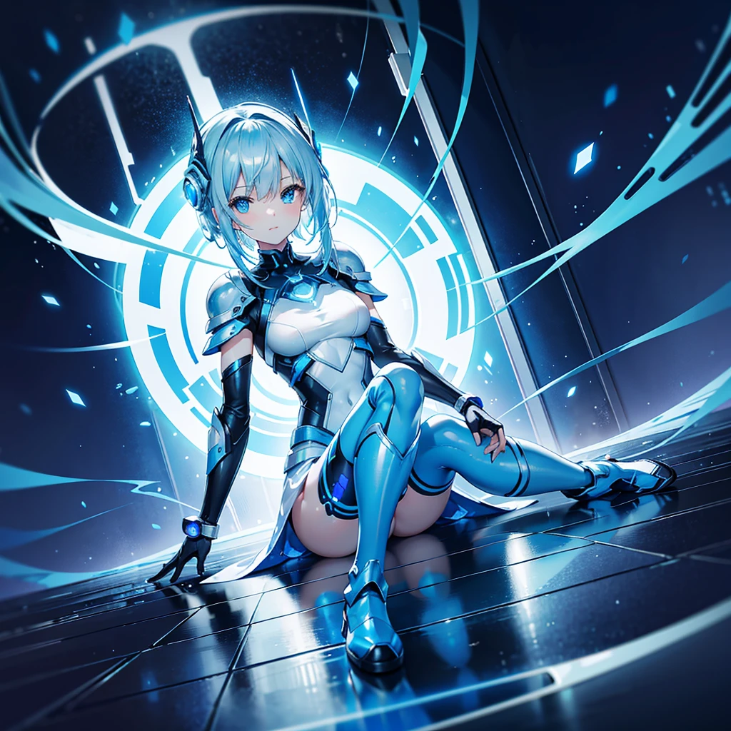 8K, Highest quality, (real:1.4), Original photo, 1 girl, Asari Hair, Biological Amplifier, Very sleek and futuristic armor, posture: Peace talks between warring factions,,attention arousal, smart blue eyes,A modest smile,Knee-high boots,Patent-look blue tights,Blue big moon and blue light swirl in the background,Blue light from behind,blue light magic,A small, glowing blue ball in the palm of your hand,Blue flame swirl,Blue Comet,Polished floor,