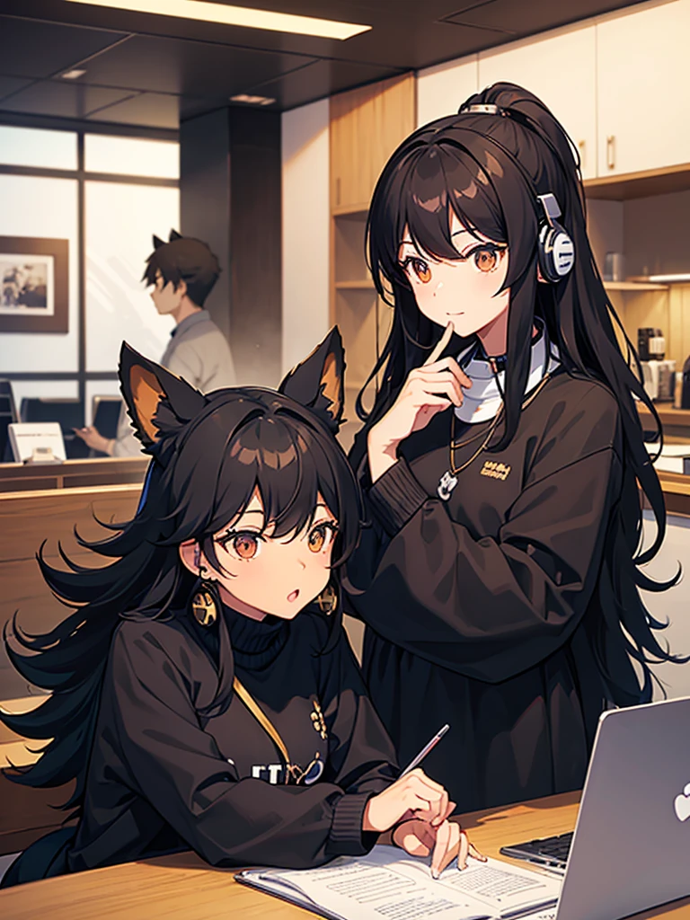 Black and tan Pomeranian with a Shiba Inu cut、In the background, a person is studying on a computer with headphones on in a stylish cafe.,Listening to LoFi music