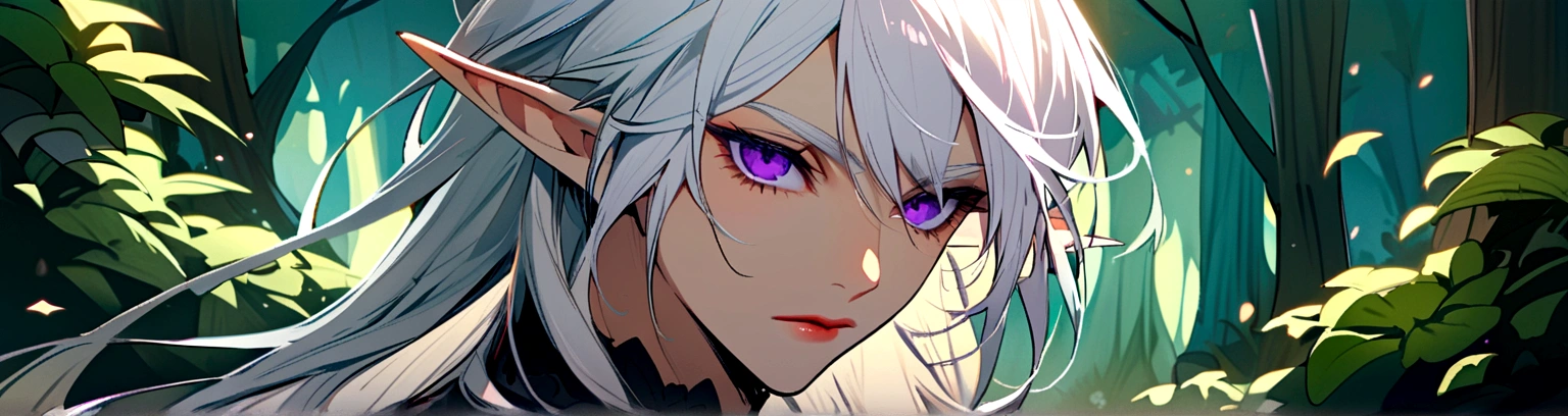 Male, solo, elf, long white hair, purple eyes, portrait, fantasy forest background