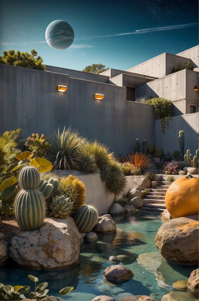 An illustration in collage style, with giant boulders, brutalist building sections, terraces, stairs, cacti, agave, concrete texture, multiple geometric shapes, hatch and cross hatching, planet saturn, volcano, moon, Luis Barragán's architectural style build, milky way galaxy, violet, one motorcycle, An illustration in collage style, with giant boulders, brutalist building sections, stairs, cacti, agave, concrete texture, multiple geometric shapes, hatch and cross hatching, planet saturn, volcano, moon, Luis Barragán's architectural style build, reflective pool, terraces. An elegant and modern build, in top of big boulders, with terraces, materials concrete, wood, steel and crystal, various gardens with tropical vegetation, cacti and rocks, stairs, a pool. In middle of sea, a big wave near, sunset, mountains and a volcano in the horizont, cute islands around, illustration format, cute color palette, detailed, masterpiece, award-winning work, clouds, Illustration, a garden with abundant cacti, ((various organic sculptures)), ((big rocks)), (((multiple sections))), collage style, detailed, (((color palette (olive green), (Mustard orange), cool grey, ((blue)), black and white))), (((a lot Luis barragán's architecture style builds))) big clouds, volcano in horizon, stairs, in the desert. ((masterpiece, best quality)),illustration,ultra detailed 8k, ((Ori Toor visual style)),soviet, megabuildings, megastructures, buildings, organic steel sculpture