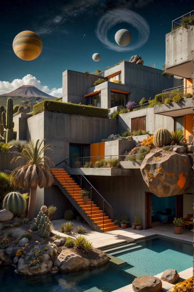 An illustration in collage style, with giant boulders, brutalist building sections, terraces, stairs, cacti, agave, concrete texture, multiple geometric shapes, hatch and cross hatching, planet saturn, volcano, moon, Luis Barragán's architectural style build, milky way galaxy, violet, one motorcycle, An illustration in collage style, with giant boulders, brutalist building sections, stairs, cacti, agave, concrete texture, multiple geometric shapes, hatch and cross hatching, planet saturn, volcano, moon, Luis Barragán's architectural style build, reflective pool, terraces. An elegant and modern build, in top of big boulders, with terraces, materials concrete, wood, steel and crystal, various gardens with tropical vegetation, cacti and rocks, stairs, a pool. In middle of sea, a big wave near, sunset, mountains and a volcano in the horizont, cute islands around, illustration format, cute color palette, detailed, masterpiece, award-winning work, clouds, Illustration, a garden with abundant cacti, ((various organic sculptures)), ((big rocks)), (((multiple sections))), collage style, detailed, (((color palette (olive green), (Mustard orange), cool grey, ((blue)), black and white))), (((a lot Luis barragán's architecture style builds))) big clouds, volcano in horizon, stairs, in the desert. ((masterpiece, best quality)),illustration,ultra detailed 8k, ((Ori Toor visual style)),soviet, megabuildings, megastructures, buildings, organic steel sculpture