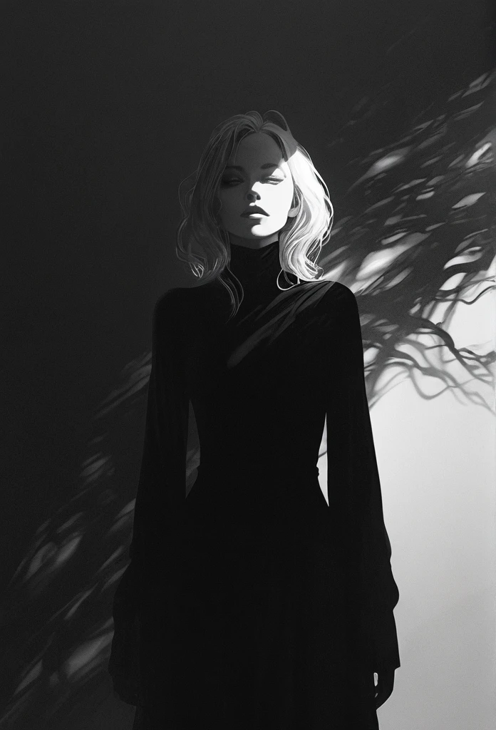 black and white,hell lady,minimalist Journey,highres,ultra-detailed,realistic,portrait,monochrome,contrast,bold lines,dark atmosphere,simple composition,dramatic lighting,expressive face,subtle emotions,striking gaze,intense stare,simple clothing,mysterious background,haunting beauty,graceful pose,mysterious aura,vivid black and white tones,ethereal,concept art,journey of self-discovery,quiet introspection,depth of the soul,symbolic representation,minimalist environment,subtle details,emotional depth,striking simplicity,balance of light and darkness,surreal experience,striking shadows,subtle textures,detailed expression,striking visual impact,straightforward yet thought-provoking,wide range of emotional interpretation，shadow，anatomical correct:2