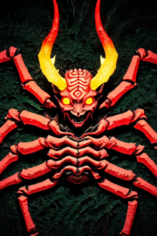 mythical forest, masterpiece, perfect face, intricate details, horror theme, raw photo, photo unp niohxl, more eyes, red glowing eyes, yokai, demon, spider details, golden glowing horns, kimetsu no yaiba, upper moon oni, human body, oni with human body, multiple arms, demon slayer anime style