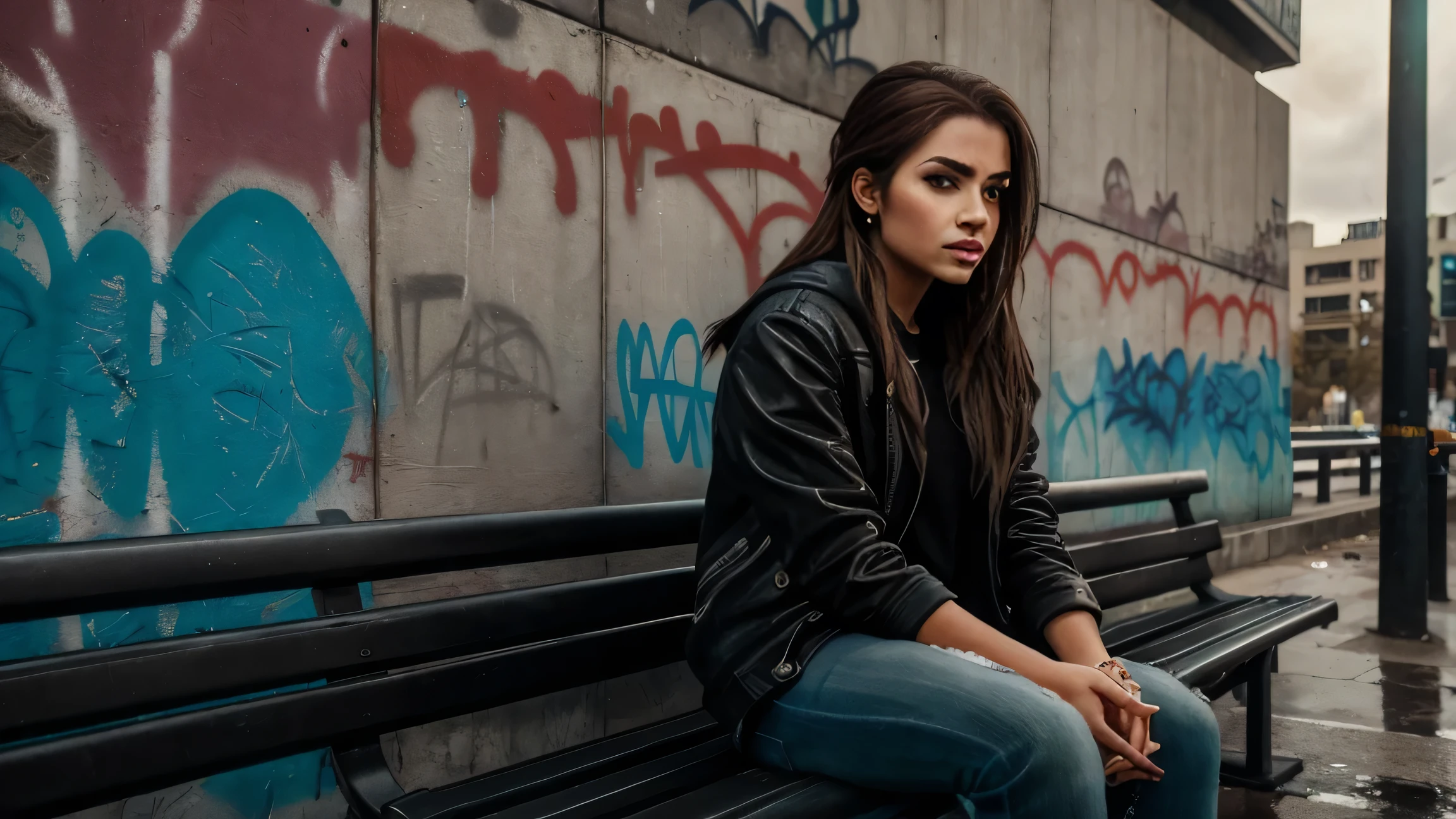 a sad girl sitting on a bench in an urban city, graffiti on a long concrete wall, detailed facial features, beautiful detailed eyes, beautiful detailed lips, extremely detailed face, longeyelashes, photorealistic, 8k, high quality, cinematic lighting, vibrant colors, gritty urban environment, moody atmosphere, realistic textures, hyper detailed