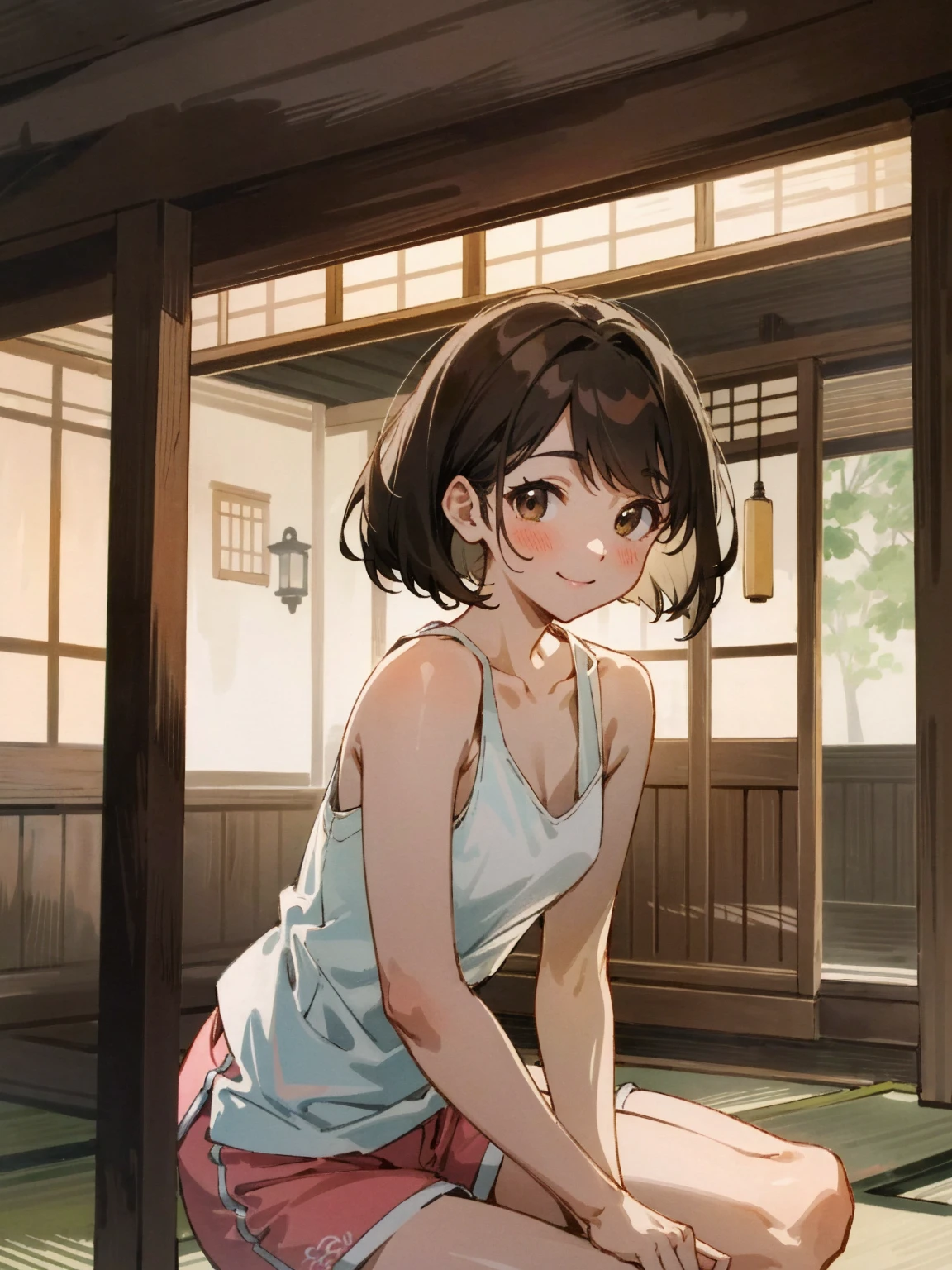 Highest quality, Very detailed, Dynamic Lighting) Brown haired woman, nice, mature, beautiful, Bob Hair, Brown eyes, Chubby, Small~Mid-chest, Bright smile, White tank top, Pink shorts, Traditional Japanese house in summer