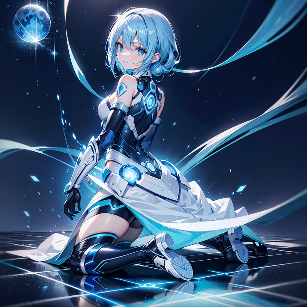 8K, Highest quality, (real:1.4), Original photo, 1 girl, Asari Hair, Biological Amplifier, Very sleek and futuristic armor, posture: Peace talks between warring factions,,attention arousal, smart blue eyes,A modest smile,Knee-high boots,Patent-look blue tights,Blue big moon and blue light swirl in the background,Blue light from behind,blue light magic,A small, glowing blue ball in the palm of your hand,Blue flame swirl,Blue Comet,Polished floor,