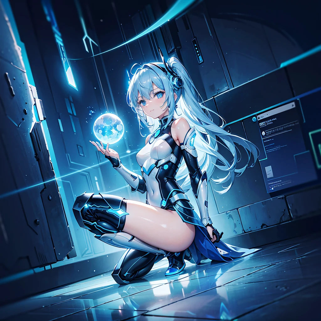 8K, Highest quality, (real:1.4), Original photo, 1 girl, Asari Hair, Biological Amplifier, Very sleek and futuristic armor, posture: Peace talks between warring factions,,attention arousal, smart blue eyes,A modest smile,Knee-high boots,Patent-look blue tights,Blue big moon and blue light swirl in the background,Blue light from behind,blue light magic,A small, glowing blue ball in the palm of your hand,Blue flame swirl,Blue Comet,Polished floor,