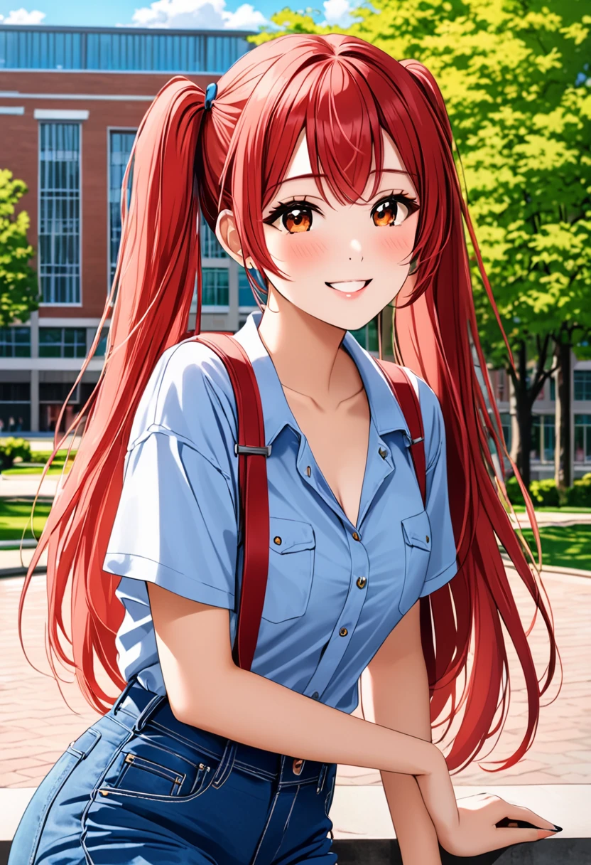 Masterpiece, The best quality, highres, 8k, vivid colors, Photography, A beautiful 25 year old university student, angelic face, a mole on the face, tremendously provocative body, blue jean shorts, twin tails, (red hair), brown eyes, Very long hair, posing, smile, the background is a university campus, High contrast