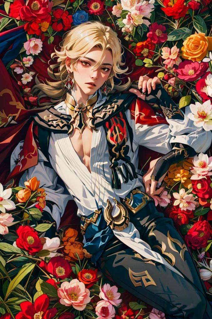 1 adult male solo, blond hair, red eyes, kaveh genshin impact, white top, red and black embroidered details, golden accessories, dark pants, fingerless gloves, feather hair ornament, shiny eyes (​masterpiece),((top-quality)),(offcial art),(Beautiful and indulgent:1.2),(1manin:1.3),Detailed drawing。Vibrant colors。colourfull、highestdetailed ((ultra-detailliert)),(Highly detailed 2D illustrations),((Extremely delicate and beautiful))Super Detail,atmosphric perspective，dust particle, iridescent light, water drops on flowers and plants, light summer rain, rainbow light, glowing, surrounded by dark red lily flowers, (((laying in a flower field, many flowers around, view from above, top view)))