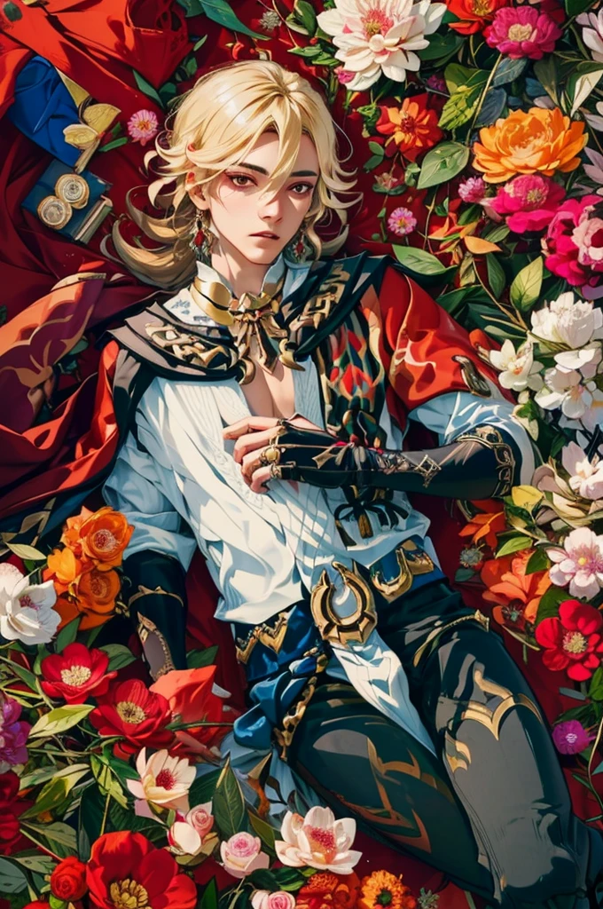 1 adult male solo, blond hair, red eyes, kaveh genshin impact, white top, red and black embroidered details, golden accessories, dark pants, fingerless gloves, feather hair ornament, shiny eyes (​masterpiece),((top-quality)),(offcial art),(Beautiful and indulgent:1.2),(1manin:1.3),Detailed drawing。Vibrant colors。colourfull、highestdetailed ((ultra-detailliert)),(Highly detailed 2D illustrations),((Extremely delicate and beautiful))Super Detail,atmosphric perspective，dust particle, iridescent light, water drops on flowers and plants, light summer rain, rainbow light, glowing, surrounded by dark red lily flowers, (((laying in a flower field, many flowers around, view from above, top view)))