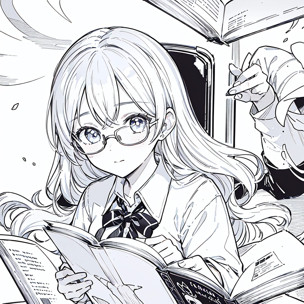 A girl,close up, wearing white shirt, reading a book, (best quality:1.3), (highres:1), (detailed:1.3), (incredible:1.3), (perfect:1.3), (perfection:1.3), (illustration:1.3), she's getting fun while reading it, dynamic on scene,Wear glasses