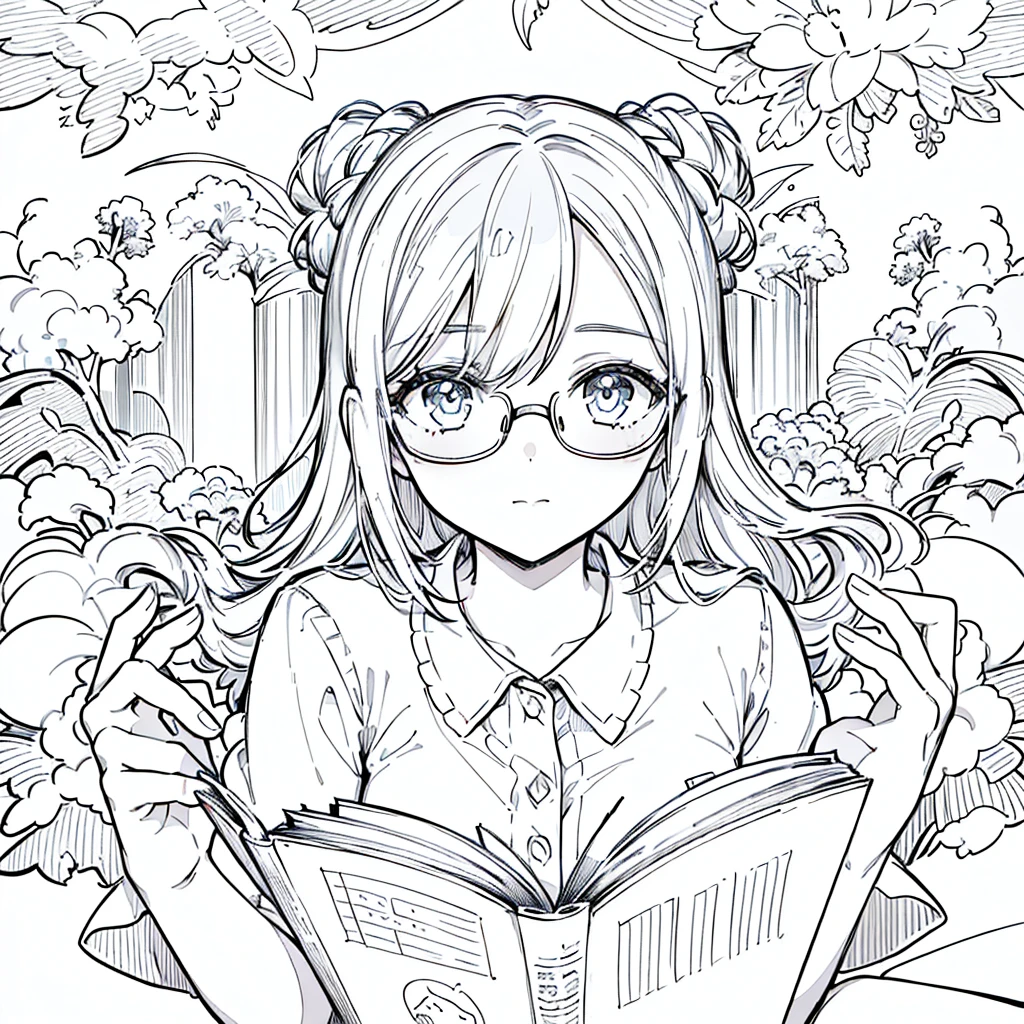 A girl,close up, wearing white shirt, reading a book, (best quality:1.3), (highres:1), (detailed:1.3), (incredible:1.3), (perfect:1.3), (perfection:1.3), (illustration:1.3), she's getting fun while reading it, dynamic on scene,Wear glasses,Big Breasts