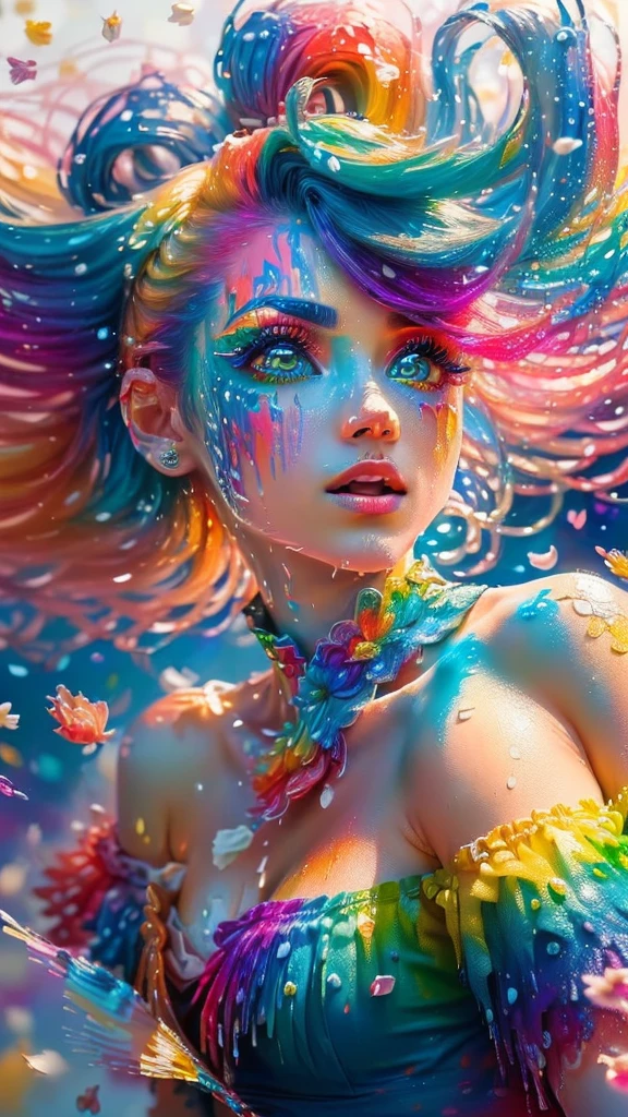 (Pink Fashion T-shirt:1.9),(Colorful hair: 1.8), (all the colours of the rainbow: 1.8),(((((vertical painting:1.6))), (painting:1.6),front, comics, illustrations, paintings, large eyes, crystal clear eyes,( rainbow color gradient high ponytail:1.7), exquisite makeup, closed mouth,(Small Fresh: 1.5),(Wipe Chest: 1.6) ,long eyelashes, white off shoulder T-shirt, White Shoulder Shirt,looking at the audience, large watery eyes, (rainbow colored hair:1.6), color splash, (solo:1.8), color splash, color explosion, thick paint style, messy lines, ((shining)),(colorful), (colorful), (colorful), colorful, Thick Paint Style, (Splash) (Color Splash), Vertical Painting, Upper Body, Paint Splash, Acrylic Pigment, Gradient, Paint, Highest Image Quality, Highest Quality, Masterpiece, Solo, Depth of Field, Face Paint, colorful clothes, (Elegant: 1.2), gorgeous,long hair, wind, (Elegant: 1.3), (Petals: 1.4),(((masterpiece))),(((best quality))),((ultra-detailed)),(illustration),(dynamic angle),((floating)),(paint),((disheveled hair)),(solo),(1girl) , (((detailed anima face))),((beautiful detailed face)),collar,bare shoulders,white hair, ((colorful hair)),((streaked hair)),beautiful detailed eyes,(Gradient color eyes),(((colorful eyes))),(((colorful background))),(((high saturation))),(((surrounded by colorful splashes))),