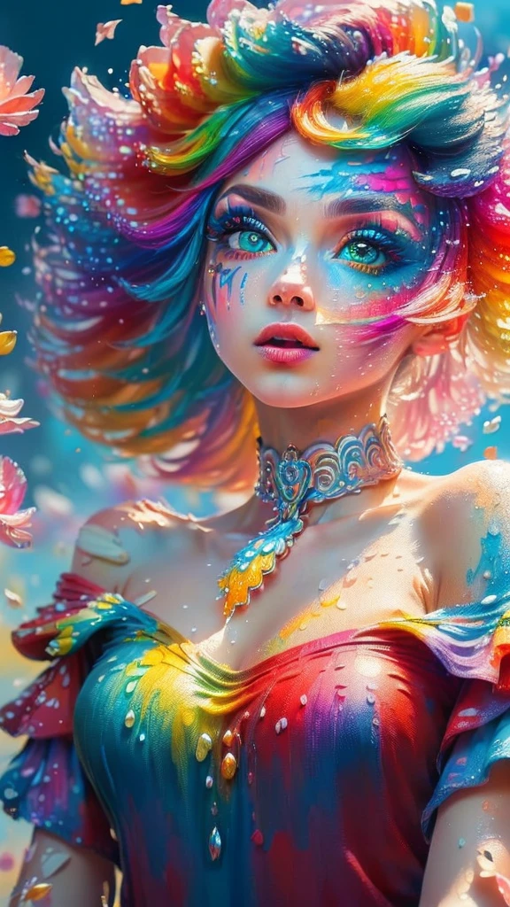 (Pink Fashion T-shirt:1.9),(Colorful hair: 1.8), (all the colours of the rainbow: 1.8),(((((vertical painting:1.6))), (painting:1.6),front, comics, illustrations, paintings, large eyes, crystal clear eyes,( rainbow color gradient high ponytail:1.7), exquisite makeup, closed mouth,(Small Fresh: 1.5),(Wipe Chest: 1.6) ,long eyelashes, white off shoulder T-shirt, White Shoulder Shirt,looking at the audience, large watery eyes, (rainbow colored hair:1.6), color splash, (solo:1.8), color splash, color explosion, thick paint style, messy lines, ((shining)),(colorful), (colorful), (colorful), colorful, Thick Paint Style, (Splash) (Color Splash), Vertical Painting, Upper Body, Paint Splash, Acrylic Pigment, Gradient, Paint, Highest Image Quality, Highest Quality, Masterpiece, Solo, Depth of Field, Face Paint, colorful clothes, (Elegant: 1.2), gorgeous,long hair, wind, (Elegant: 1.3), (Petals: 1.4),(((masterpiece))),(((best quality))),((ultra-detailed)),(illustration),(dynamic angle),((floating)),(paint),((disheveled hair)),(solo),(1girl) , (((detailed anima face))),((beautiful detailed face)),collar,bare shoulders,white hair, ((colorful hair)),((streaked hair)),beautiful detailed eyes,(Gradient color eyes),(((colorful eyes))),(((colorful background))),(((high saturation))),(((surrounded by colorful splashes))),
