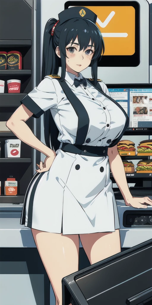 teenager in work uniform working as a cashier at a fast food stand, with huge tits, anime style