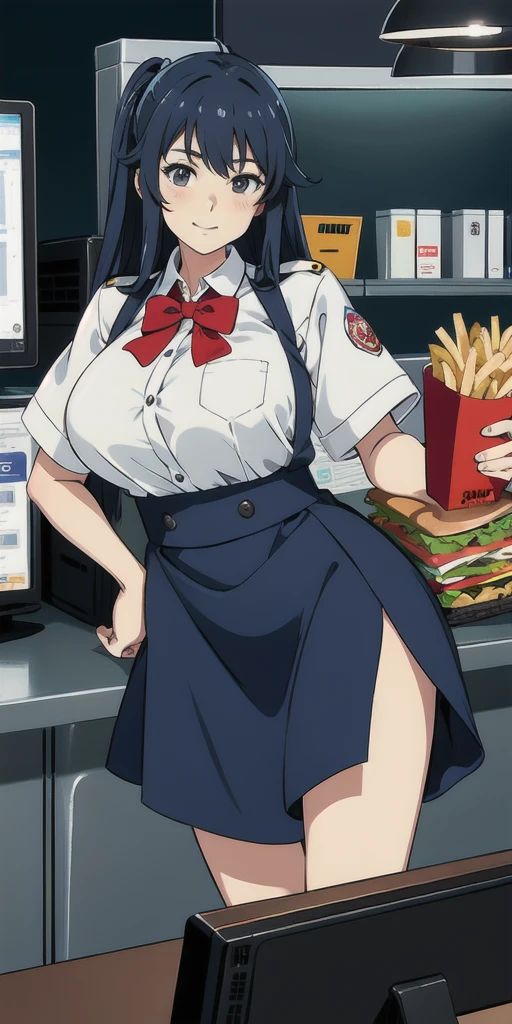 ager in work uniform working as a cashier at a fast food stand, with huge tits, anime style