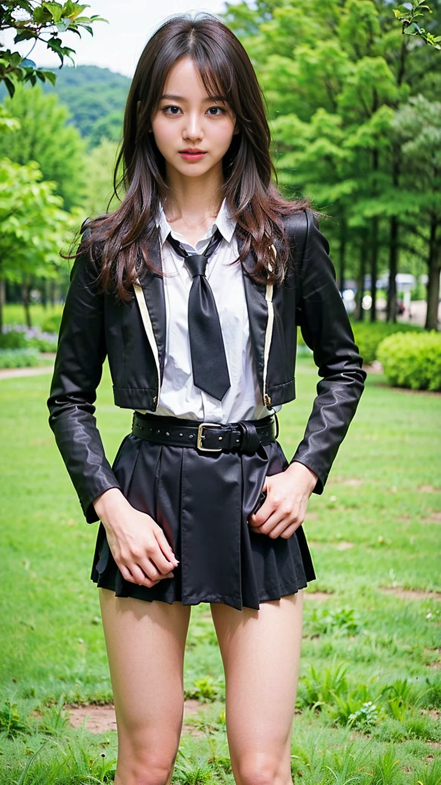 (8K、RAW Photos、Highest quality、masterpiece:1.2)、(Realistic、Realistic)、1 Girl、((Check mini skirt、tie、Medium Hair、black、Thin legs、whole body、boots、blackいコート、one piece、garden、View from the front、Looking into the camera、belt、Stand with hands on hips))、
