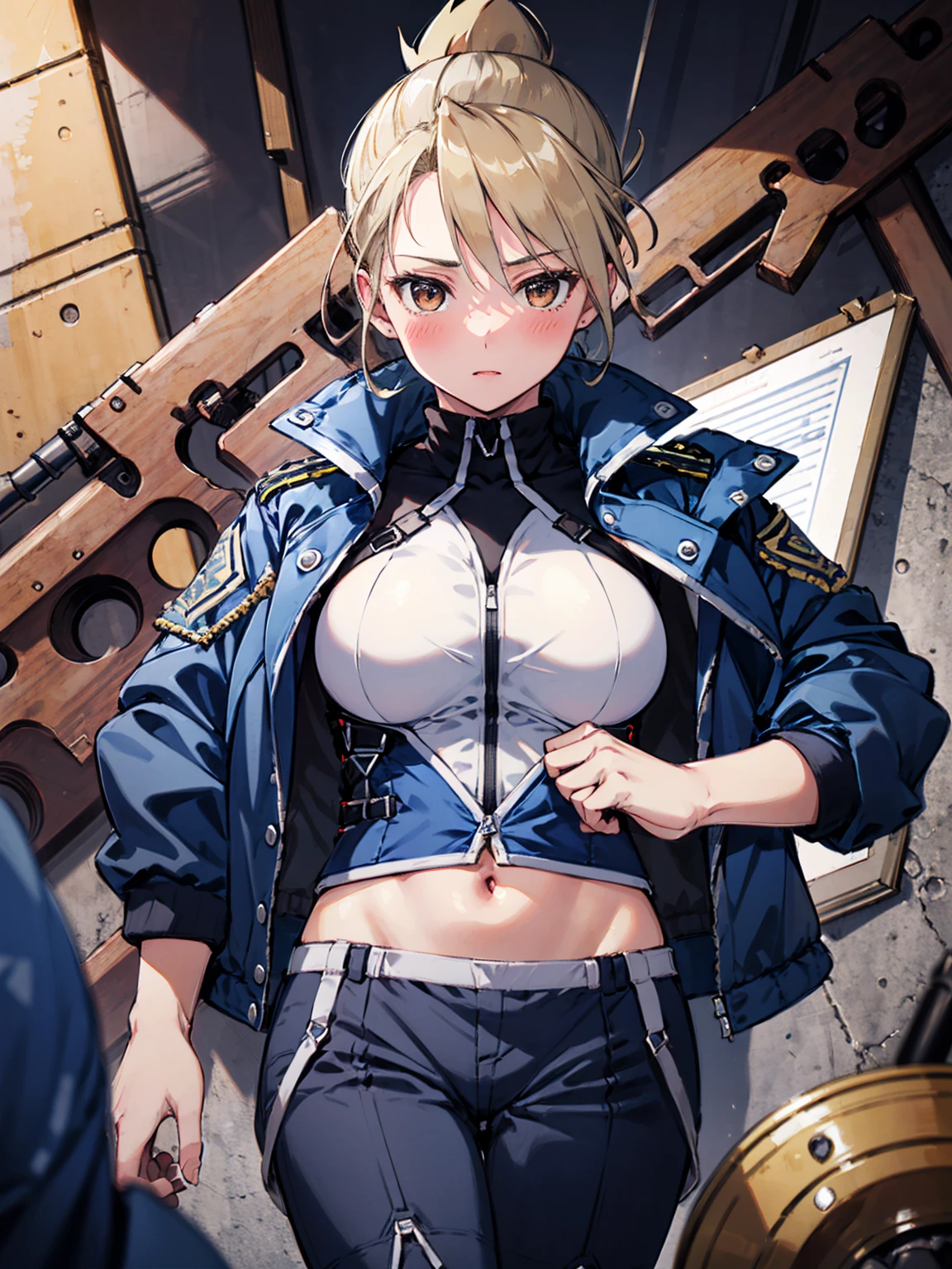 masterpiece, Highest quality, High resolution, One girl, (Blue jacketの下にBlack innerwearを着ている), Folded ponytail, Brown eyes, , uniform, Blue jacket, Blue pants, ,Big Breasts, Black innerwear, blush, (Ready your gun?)
