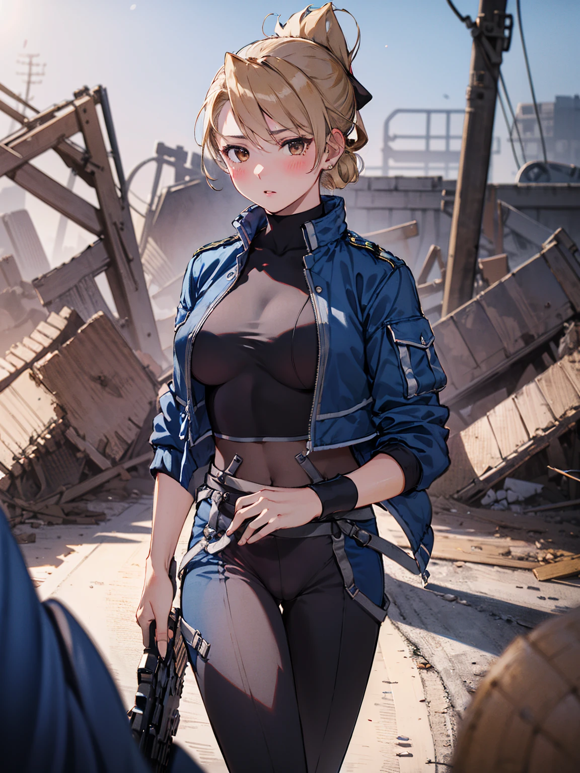 masterpiece, Highest quality, High resolution, One girl, (Blue jacketの下にBlack innerwearを着ている), Folded ponytail, Brown eyes, , uniform, Blue jacket, Blue pants, ,Big Breasts, Black innerwear, blush, (Ready your gun?)
