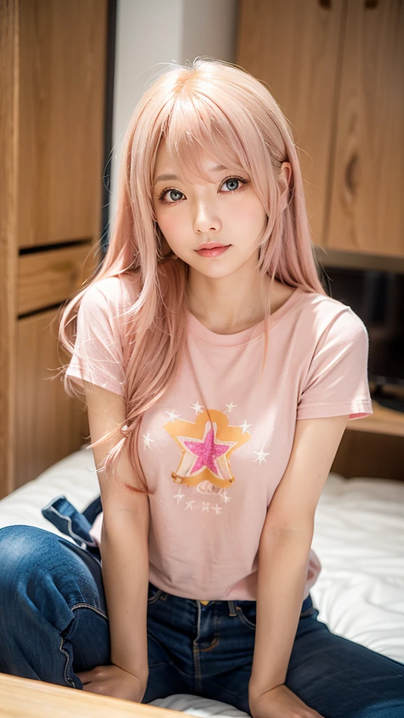 Ai Hoshino, beige pink hair, Long Hair, favorite , Beautiful, shining eyes, Stars in my eyes, idol,One woman、Long pink hair、T-Shirts、Private Server、