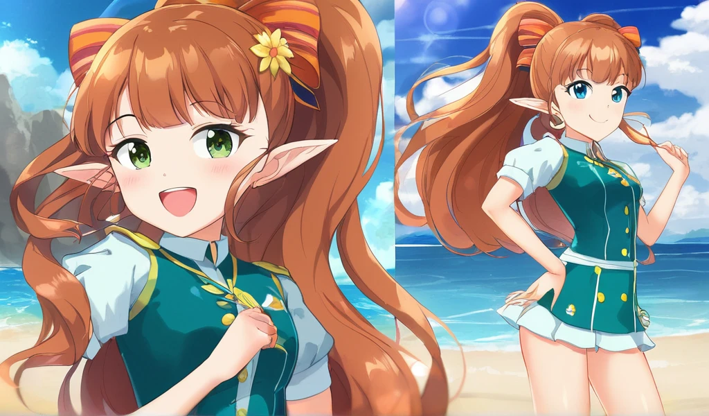 ((Highest quality))(masterpiece))(detailed)A cute elf girl、Beach,High Quality, Doe-Eyed, Radiant Smile, dance team uniform,