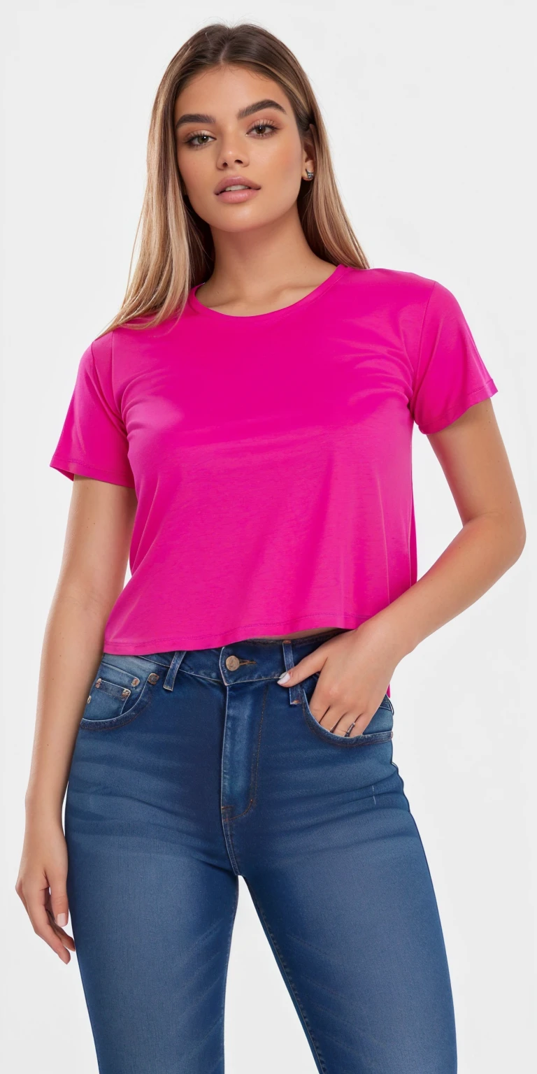 a woman wearing a rosa top and jeans, corte superior, rosa shirt, corte superior, neon rosa, hot rosa, camisa magenta, rosa, camiseta, camiseta, camiseta, with ripped crop camiseta, rosa clothes, rosa vibe, dayglo rosa, FÚCSIA, vibrant rosa, magenta, Roupa casual, rosa girl, ano 2 mil”