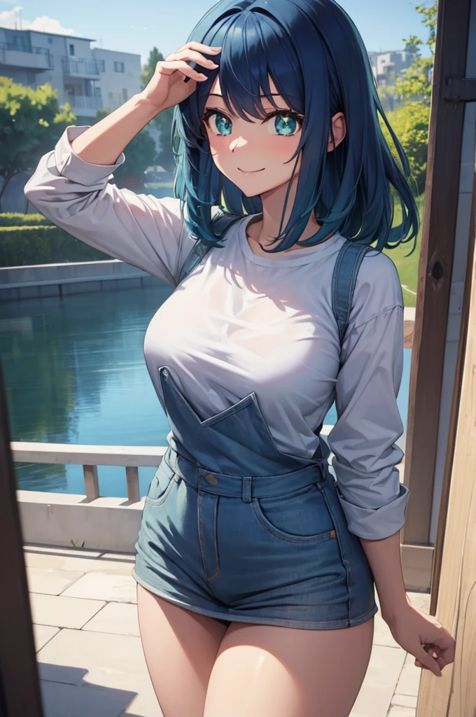 (masterpiece:1.3), (best quality:1.1), (8k, ultra detailed, ultra high res:1.2), ((anime style)), perfect 5 fingers, perfect anatomy, 
1girl,
BREAK medium hair, 
blue hair, 
green eyes, 
medium breasts, 
smile, 
looking at viewer, , 
cowboy shot, 
perfect light, 