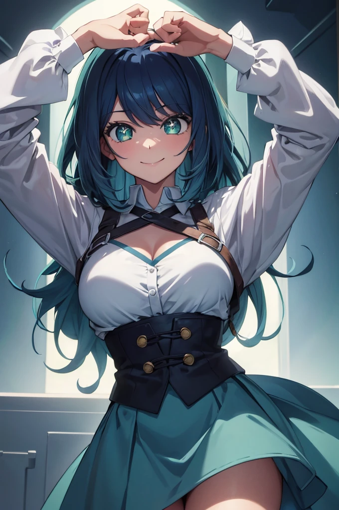 (masterpiece:1.3), (best quality:1.1), (8k, ultra detailed, ultra high res:1.2), ((anime style)), perfect 5 fingers, perfect anatomy, 
1girl,
BREAK medium hair, 
blue hair, 
green eyes, 
medium breasts, 
smile, 
looking at viewer, , 
cowboy shot, 
perfect light, 