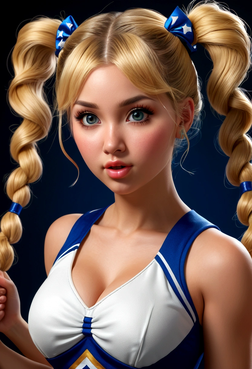 score_9, score_8_up, score_7_up, 1girl, 20 years old, sexy cheerleader dress, ((twin tails)), braided twin pony tails, cheering postion, blonde, bimbo, beautiful detailed eyes, beautiful detailed lips, extremely detailed face and eyes, long eyelashes, realistic, photorealistic, 4k, 8k, highres, masterpiece, ultra-detailed, studio lighting, sharp focus, physically-based rendering, professional, portraits, cute,