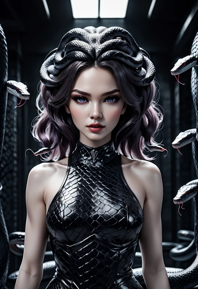 dark fantasy art a medusa having snake twin tails, a most beautiful medusa, reptilian eyes, pale skin, having twin tails, (twin tails are made from snakes: 1.3) on the medusa head, she wears intricate leather dress, thigh high heeled boots, modern bar background,  dynamic range, vibrant, Ultra-high resolution, High Contrast, (masterpiece:1.5), highest quality, Best aesthetics), best details, best quality, highres, ultra wide angle, 16k, [ultra detailed], masterpiece, best quality, (extremely detailed), Intense Gaze, Medusa, sn4k3h41r, snake hair,