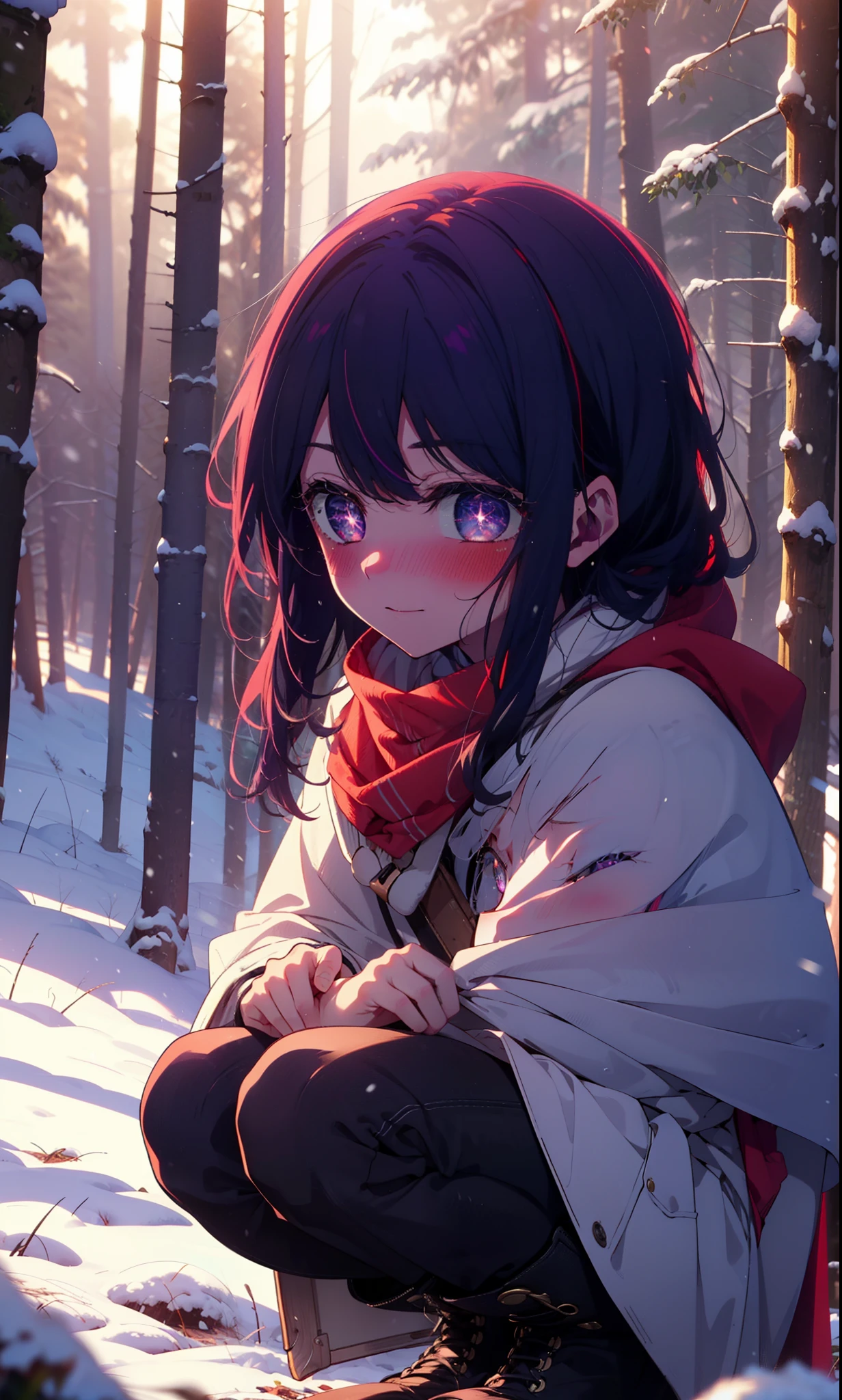 aihoshino, Ai Hoshino, Long Hair, bangs, (Purple eyes:1.1), Purple Hair, (Symbol-shaped pupil:1.5), smile,,smile,blush,White Breath,
Open your mouth,snow,Ground bonfire, Outdoor, boots, snowing, From the side, wood, suitcase, Cape, Blurred, , forest, White handbag, nature, Squat, Mouth closed, Cape, winter, Written boundary depth, Black shoes, red Cape break looking at viewer, Upper Body, whole body, break Outdoor, forest, nature, break (masterpiece:1.2), Highest quality, High resolution, unity 8k wallpaper, (shape:0.8), (Beautiful and beautiful eyes:1.6), Highly detailed face, Perfect lighting, Extremely detailed CG, (Perfect hands, Perfect Anatomy),