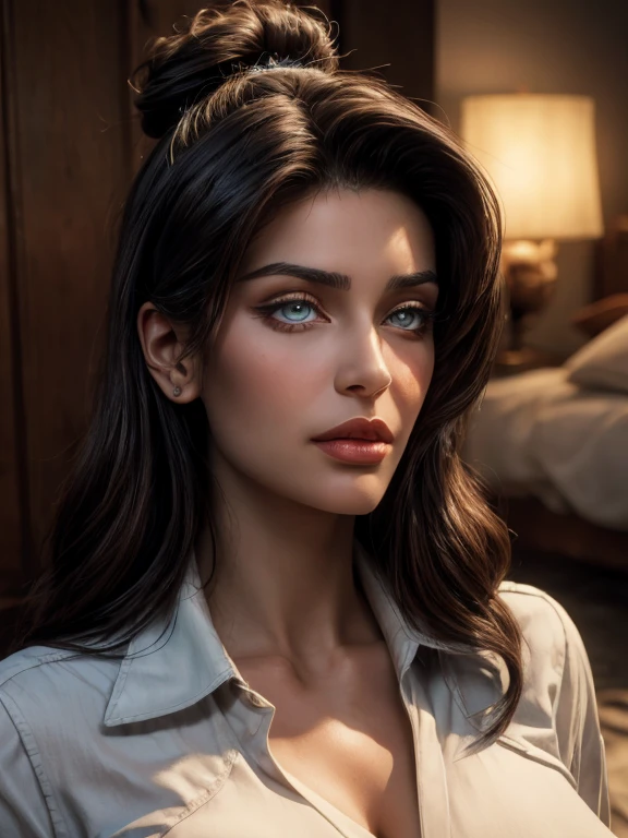 A beautiful brunette woman in her 30s, shy gaze, perfect shaped blue eyes with long eyelashes and eyeliner, thick kissable lips, tiny snob nose, thick eyebrows, charming and cute expression, sleek slicked back hair bun, fair skin, wearing an unbuttoned classic shirt with cleavage, modern and stylish look, Castlevania style, (best quality,4k,8k,highres,masterpiece:1.2),ultra-detailed,(realistic,photorealistic,photo-realistic:1.37),HDR,UHD,studio lighting,ultra-fine painting,sharp focus,physically-based rendering,extreme detail description,professional,vivid colors,bokeh,portraits