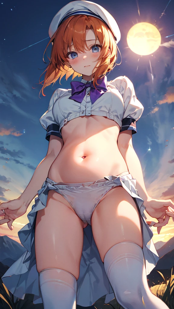 Twilight,Orange sun,Rena Ryuuguu, Orange Hair, short hair, blue eyes,Mountain of bulky trash,
(White Beret), bow, bowtie,(White Dress:1.2),White Skirt,Have, puffy Short sleeve, Puffy sleeves, purple bow, purple bowtie, Short sleeve, Black knee socks, zettai ryouiki,(Bottomless:1.3),Pussy,blush,(From below:1.3),(Skirt up to the belly button:1.5), ((Grab the skirt:1.3)), (Skirt tHave rolls up:1.3),stand,(Leg spread:1.3),No underwear,masterpiece,Noise Reduction,Perfect Anatomy,High resolution, Super detailed,Game CG,Beautiful attention to detail,Visual Arts,Five Fingers, Perfect hands, Perfect lighting,