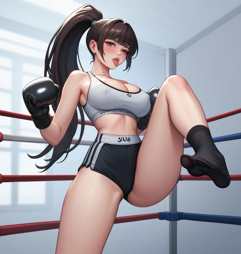 Korean beauty，18 years old,Pretty Face，Good shape，detailed picture, Shy expression，Stick out your tongue， blush，White high ponytail, Wear sexy sports bra, Wear black foot socks, Wearing black boxing gloves，No shoes, Kicking alone in the boxing ring，Large Breasts,Cleavage,Long legs，Thin waist，nipple，