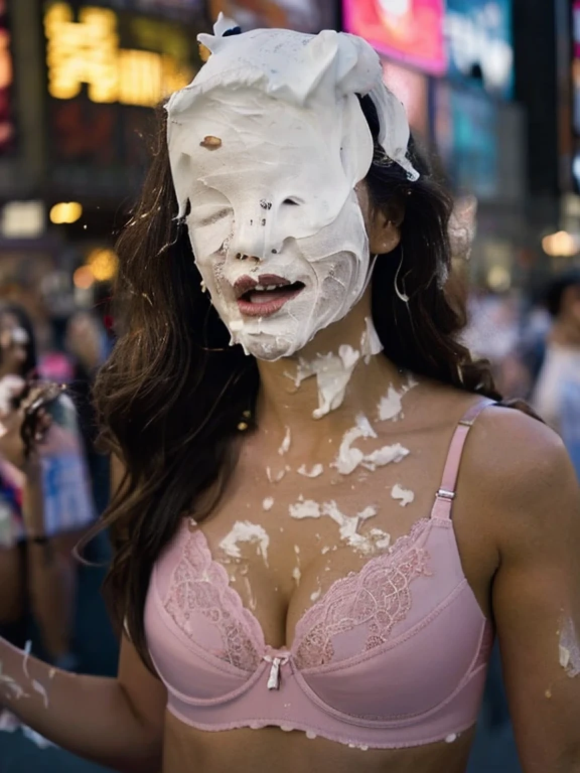 (photo:1.2), (photorealistic:1.4), extreme realism, super detailed, high resolution, very detailed, best quality, 8k, DSLR photo, sexy, alluring, sultry, detailed skin, detailed skin texture, realistic skin, best quality, Asian woman, mascara, whipped cream, times square, new york city, f/1.4 aperture, 35mm, wearing red lace push-up bra, cleavage, pie fight, pie in the face, pie crust on face