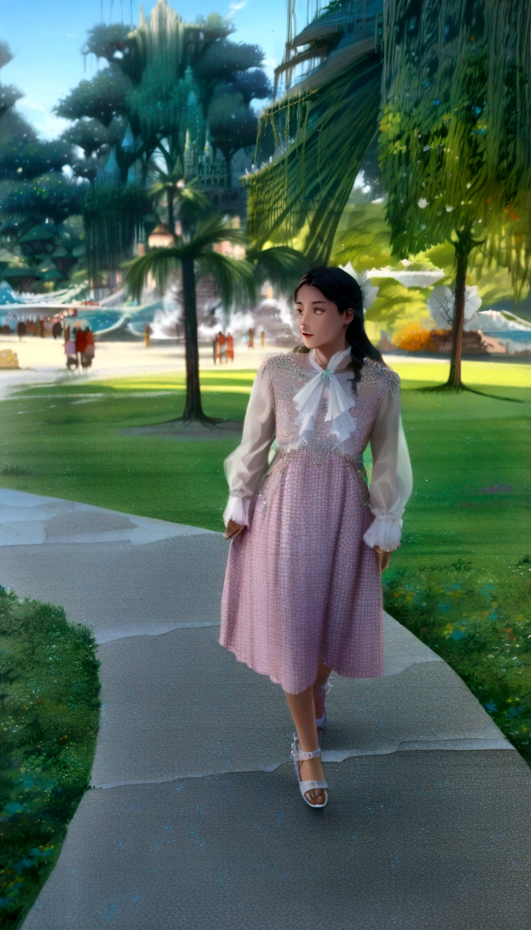 she's just a blonde girl wearing a pink dress. She lives in a paradise. , crazy world, floating islands, cloud castle, (best qualityer:1.3), (high resolution:1), (detailded:1.3), (incredible:1.3), (perfect:1.3), (perfection:1.3), (volume cover art:0), (illustration:1.3), ghibli studio art