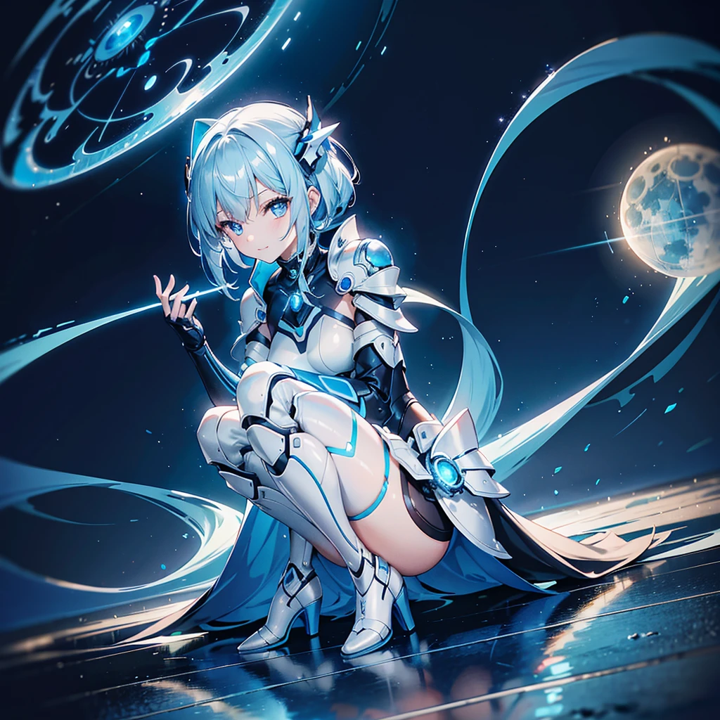 8K, Highest quality, (real:1.4), Original photo, 1 girl, Asari Hair, Biological Amplifier, Very sleek and futuristic armor, posture: Peace talks between warring factions,,attention arousal, smart blue eyes,A modest smile,Knee-high boots,Patent-look blue tights,Blue big moon and blue light swirl in the background,Blue light from behind,blue light magic,A small, glowing blue ball in the palm of your hand,Blue flame swirl,Blue Comet,Polished floor,