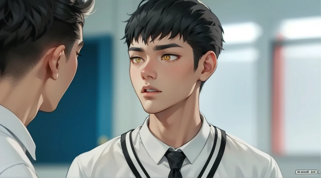 young chocp, , white hair, yellow eyes, looking attentively, a little surprised