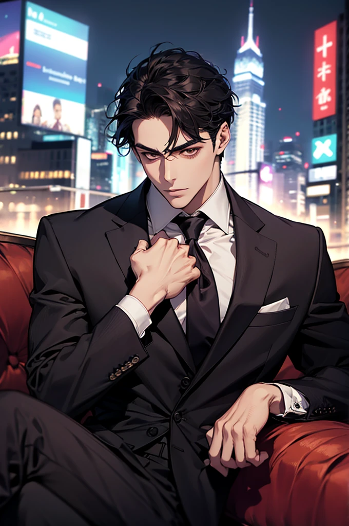 (absurdres, highres, ultra detailed, realistic, ), 1 male, solo, adult, mature, tall muscular guy, ,（sitting on a sofa,cross-legged）, broad shoulders, handsome, very short hair, black hair, brown eyes, angular jaw, thick neck, thick eyebrows, night, dark, the night view of the city background, formal suit, necktie, upper body