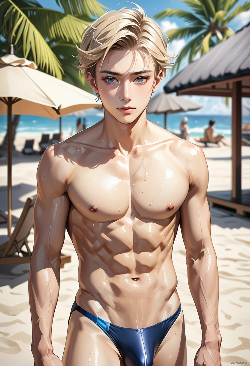 high quality, detailed, Realistic, (one  japanese boy), (detailed blue eyes), (abs:1.5), (shiny skin), detailed nipples, blond hair, (black tiny thong), (erected bulge), summer beach, (smile:0.8), close up face, (sweat:1.4)