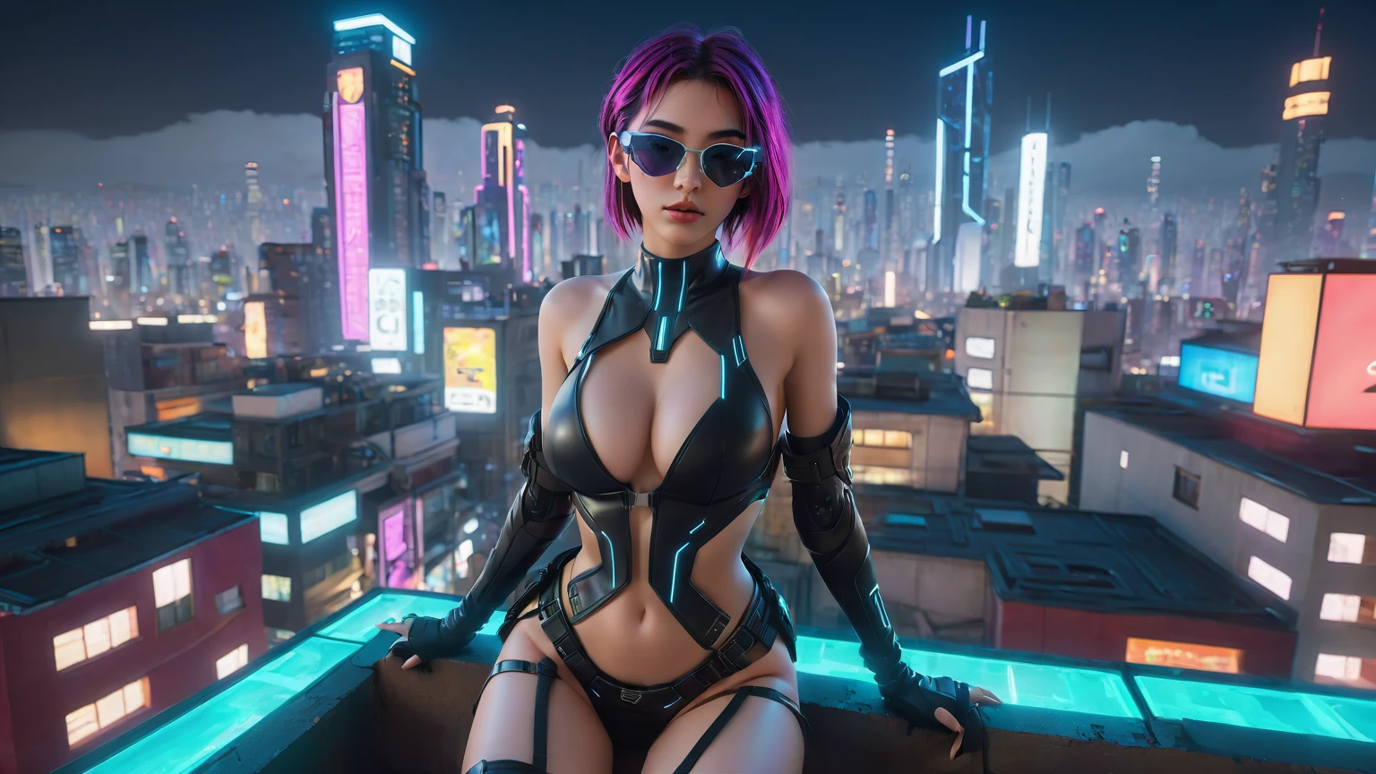 (((at night))), FPS gaming screen view, rooftop, (((high angle view))) of cyberpunk city, neon light hologram buildings, unreal engine 5 rendering, (((1Girl, solo))), medium breasts, Chest exposed, breast cleavage, wide open ass, slim waist, dynamic seductive pose, ((​masterpiece:1.2)), top-quality, official art, detailed CG Unity 8K Wallpapers, artbook, Expressive Hues, Vibrant Palette, B deficiency and white clothes, (((((matrix style black micro sunglasses))))), (((((aiming with a short gun))))), (((looking at camera))), (((very low view))), (((((thigh level medium:1.1 shot))))).